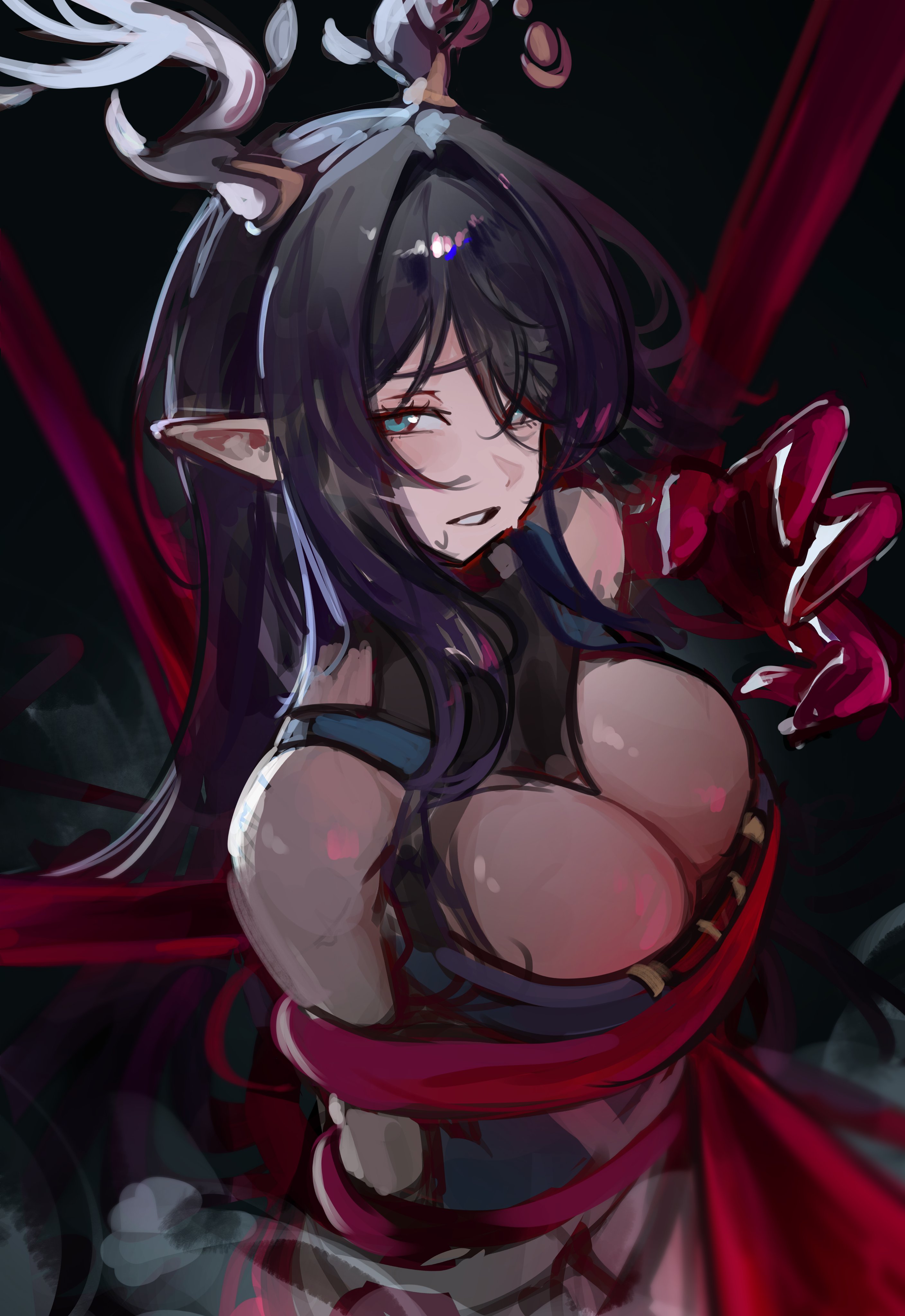 m3ru, lauma (genshin impact), genshin impact, absurdres, highres, unfinished, 1girl, antlers, bare shoulders, breasts, cleavage, deer antlers, dress, hair over one eye, horns, imminent breast grab, imminent grope, large breasts, long hair, looking at viewer, pointy ears, sketch, sweat