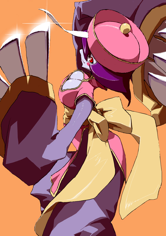 ysk!, hsien-ko, capcom, darkstalkers, blue hair, blue skin, blush, bow, breasts, cleavage, cleavage cutout, clothing cutout, colored skin, demon girl, hat, jiangshi, large breasts, qingdai guanmao, short hair, simple background, solo, zombie