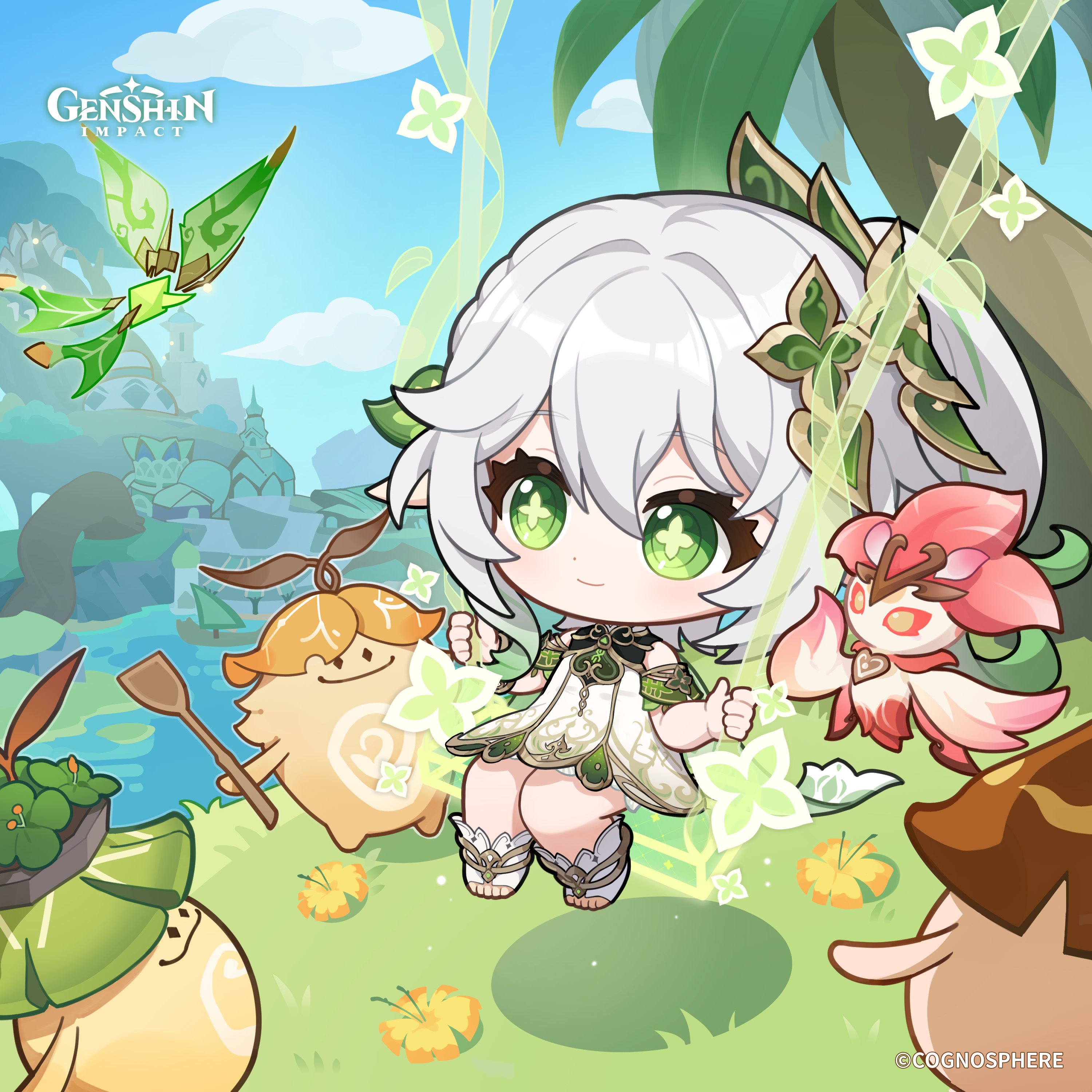 aranara (genshin impact), crystalfly (genshin impact), nahida (genshin impact), genshin impact, absurdres, commentary, english commentary, highres, official art, 1girl, blue sky, boots, building, chibi, closed mouth, cloud, copyright name, day, detached sleeves, dress, flower, gradient hair, green eyes, green hair, hair between eyes, hair intakes, hair ornament, hands up, light smile, looking ahead, multicolored hair, open-toe boots, orange flower, outdoors, river, sitting, sky, sleeveless, sleeveless dress, sorush (genshin impact), symbol-shaped pupils, tree, water, white boots, white dress