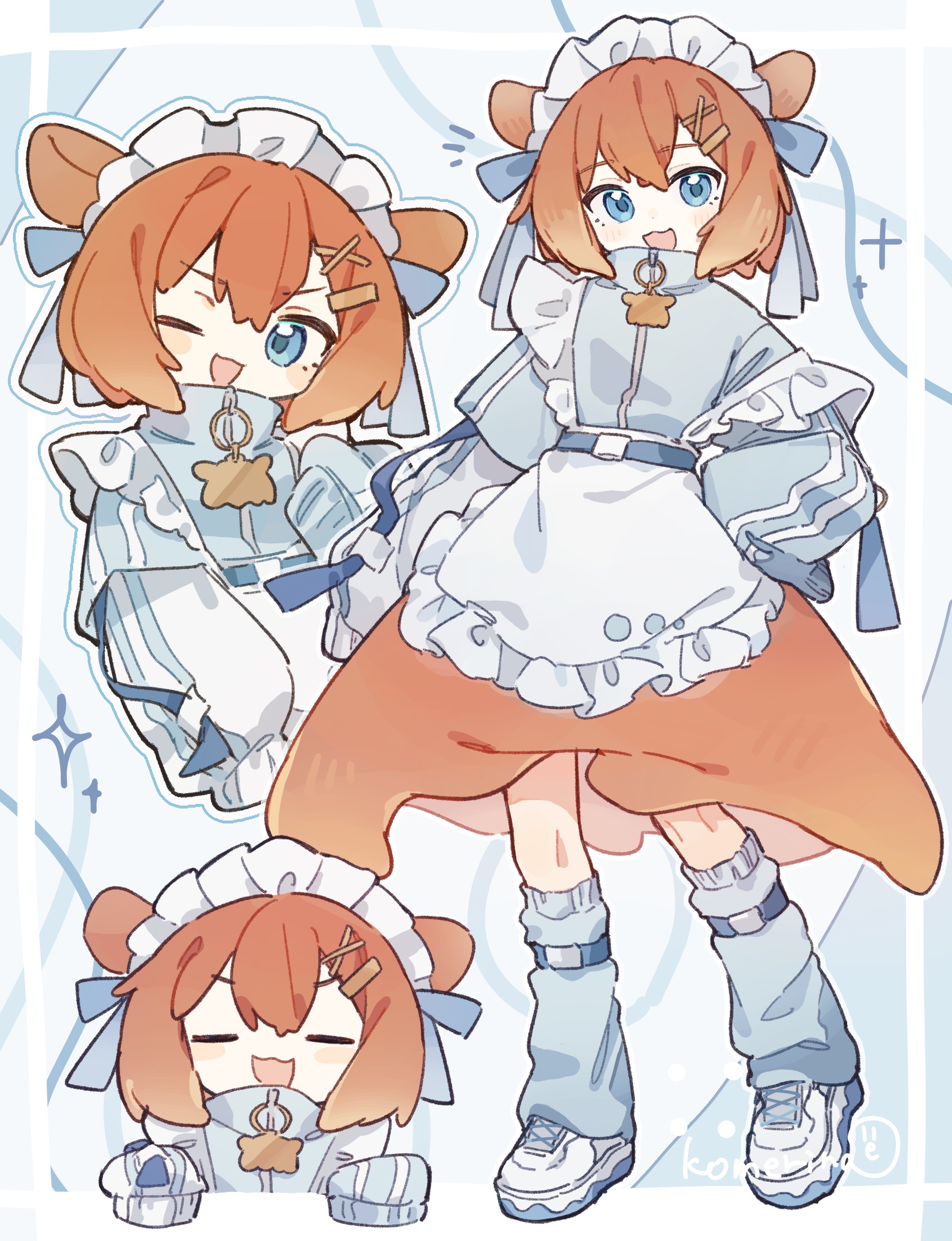 komerina, original, absurdres, commentary, highres, 1boy, :3, :d, = =, apron, artist name, blue background, blue bow, blue dress, blue eyes, blue ribbon, blue socks, bow, closed eyes, collared dress, crossdressing, crossdressing (mtf), dot nose, double-parted bangs, dress, frilled apron, frills, front zipper, full body, hair between eyes, hair ornament, hair ribbon, hairclip, hand up, hands on own hips, hands up, head tilt, jersey maid, kneehighs, light blush, long sleeves, looking at viewer, maid, maid apron, maid headdress, male focus, male maid, medium hair, multiple views, octopus boy, one eye closed, open mouth, orange hair, orange skirt, personification, portrait, puffy sleeves, ribbon, shoes, sidelocks, skirt, sleeves past fingers, sleeves past wrists, smile, sneakers, socks, standing, star (symbol), trap, turtleneck, turtleneck dress, umbrella octopus, unconventional maid, upper body, v-shaped eyebrows, waist apron, white apron, white headdress, white shoes