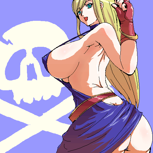 se/ji, seji (hornet), b. jenet, fatal fury, garou: mark of the wolves, snk, the king of fighters, lowres, 1girl, ass, bare back, bare shoulders, belt, blonde hair, bracelet, breasts, butt crack, choker, female focus, fingerless gloves, gloves, green eyes, jewelry, large breasts, long hair, looking back, panties, pointing, sideboob, skirt, skull and crossbones, solo, thong, underwear