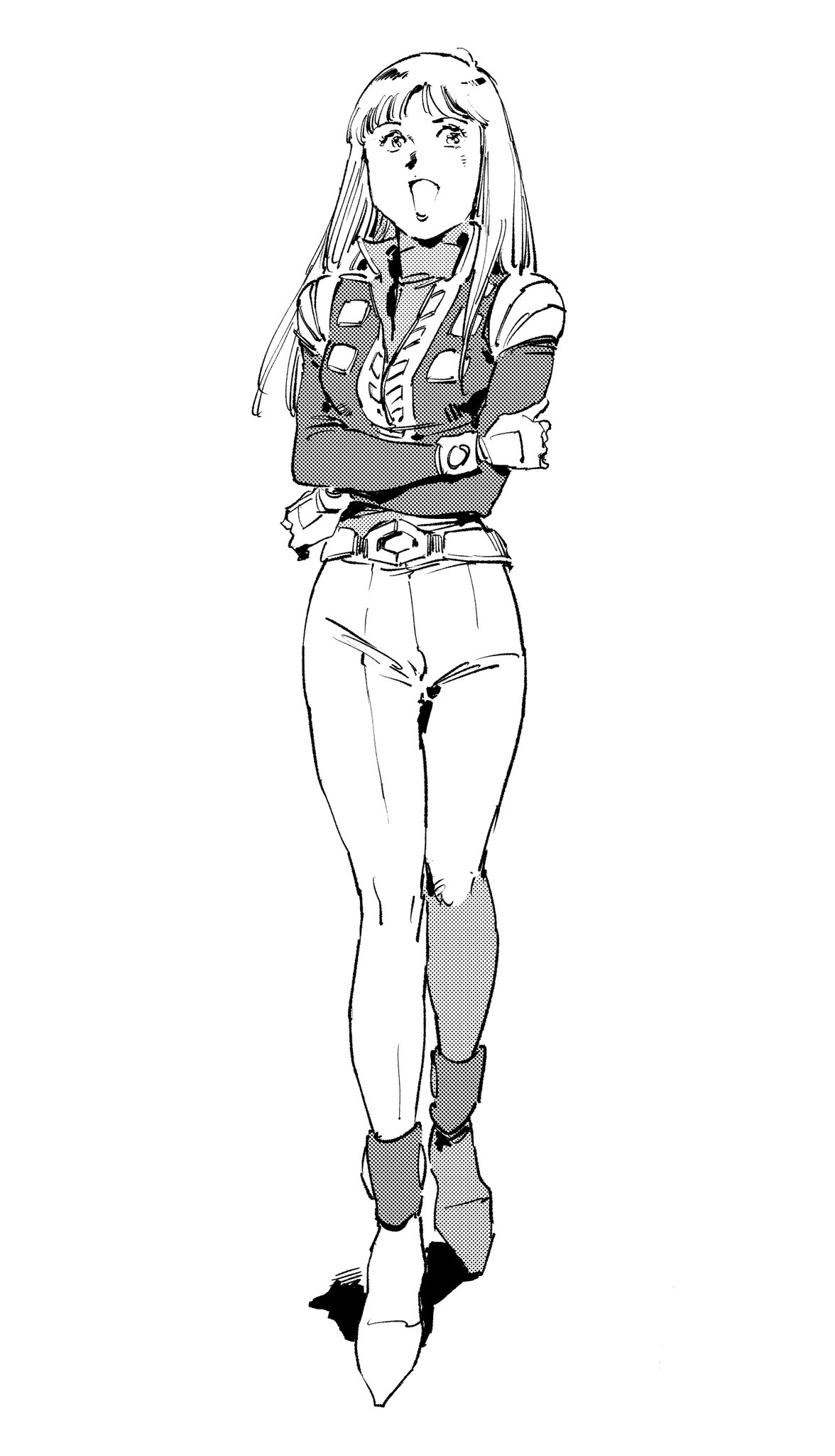 zigharii, alfin, crusher joe, highres, 1girl, bodysuit, full body, gloves, greyscale, jacket, long hair, looking at viewer, monochrome, open mouth, retro artstyle, simple background, smile, solo, standing, vest, white background