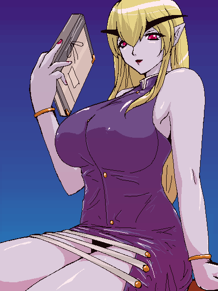 se/ji, seji (hornet), jedah, jedah dohma, capcom, darkstalkers, eyebrows, gender request, 1girl, bare shoulders, blonde hair, blue skin, book, bracelet, breasts, colored skin, female focus, genderswap, huge breasts, jewelry, legs, lipstick, long hair, makeup, midnight bliss, nail polish, pointy ears, red eyes, sitting, solo, strap, upskirt