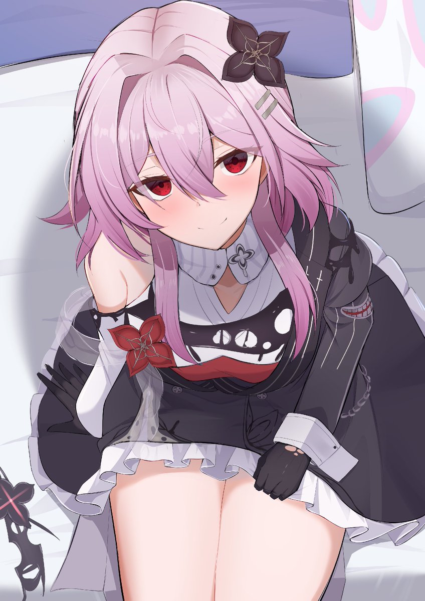 kirisame oreo, evernight (honkai: star rail), march 7th (honkai: star rail), honkai: star rail, honkai (series), hashtag-only commentary, 1girl, buttons, clothing cutout, collar, dress, flower, frills, gloves, hair flower, hair ornament, hairclip, layered dress, light blush, long hair, looking at viewer, on bed, parallel hairclips, pink hair, pov, red eyes, single bare shoulder, sitting, smile, solo focus, thighs