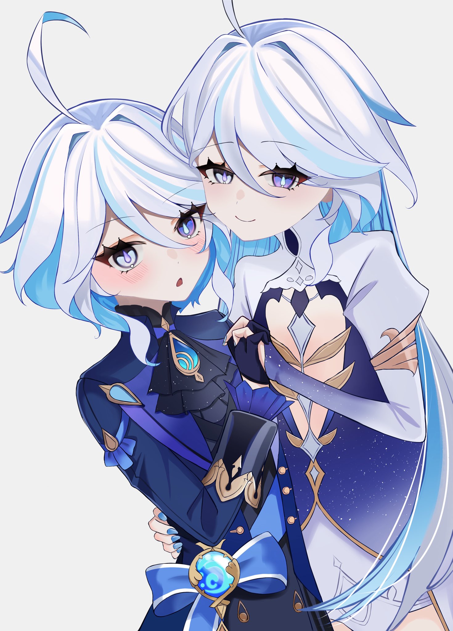 focalors (genshin impact), furina (genshin impact), genshin impact, commentary request, highres, 2girls, ahoge, ascot, black ascot, black shirt, black vest, blue bow, blue eyes, blue gemstone, blue gloves, blue hair, blue jacket, blue nails, blush, bow, bridal gauntlets, closed mouth, clothing cutout, dress, drop-shaped pupils, dual persona, fingernails, gem, gloves, hair between eyes, hand around waist, hand up, heterochromia, holding hands, huge ahoge, irodo 1024, jacket, jewelry, lapels, long fingernails, long hair, long hair between eyes, long sleeves, looking at viewer, low twintails, mismatched pupils, multicolored hair, multiple girls, nail polish, no headwear, open clothes, open jacket, open mouth, pendant, puffy short sleeves, puffy sleeves, shirt, short sleeves, sidelocks, simple background, smile, standing, symbol-shaped pupils, twintails, two-tone hair, vest, vision (genshin impact), white background, white dress, white hair