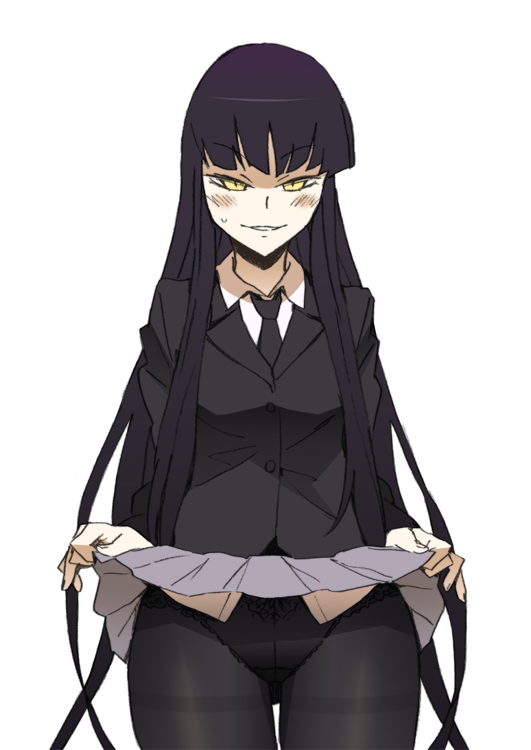 katou haruaki, female protagonist (houkago play), houkago play, bad id, bad pixiv id, 1girl, black hair, black pantyhose, clothes lift, crotch seam, female focus, long hair, necktie, panties, panties under pantyhose, pantyhose, school uniform, skirt, skirt lift, solo, thighband pantyhose, underwear, upskirt, very long hair, yellow eyes