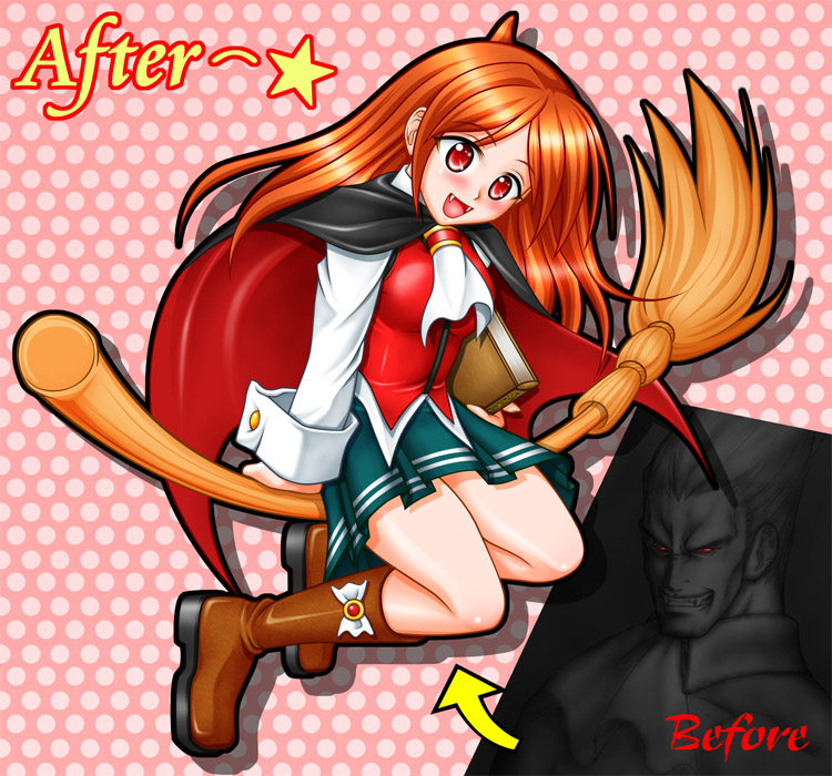 shimusu, simus, demitri maximoff, capcom, capcom fighting jam, darkstalkers, 1boy, 1girl, book, boots, broom, broom riding, cape, demon girl, fang, fangs, genderswap, genderswap (mtf), long hair, midnight bliss, miniskirt, orange hair, pleated skirt, red eyes, sidesaddle, skirt, star (symbol), vampire