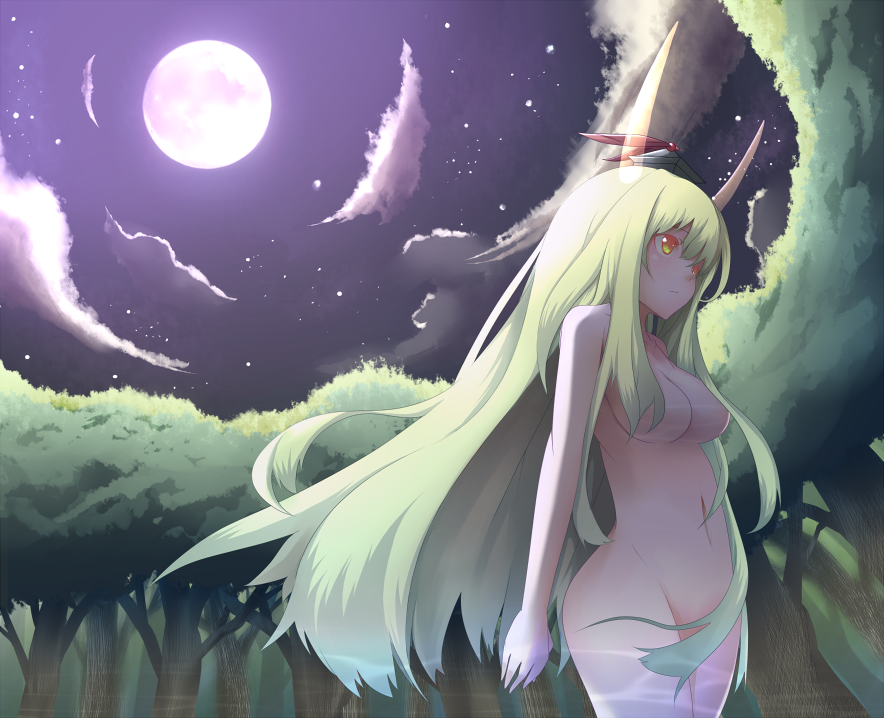akeboshi kagayo, ex-keine, kamishirasawa keine, touhou, bad id, bad pixiv id, 1girl, breasts, censored, cloud, convenient censoring, female focus, forest, full moon, green hair, hair censor, hair over breasts, hat, horns, long hair, moon, nature, night, no tail, nude, outdoors, red eyes, sky, solo, tree, very long hair