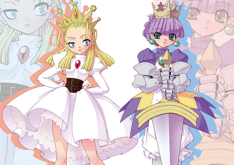 ruuen rouga, devilot de deathsatan ix, gradriel, gradriel de valendia, atlus, capcom, cyberbots, princess crown, 2girls, armor, armored dress, blonde hair, bloomers, blue eyes, brooch, crossover, crown, dress, earrings, forehead, gauntlets, girdle, gold crown, green eyes, hair slicked back, jewelry, lingerie, long hair, multiple girls, petticoat, purple hair, sword, underwear, uneven eyes, weapon, white bloomers, zoom layer