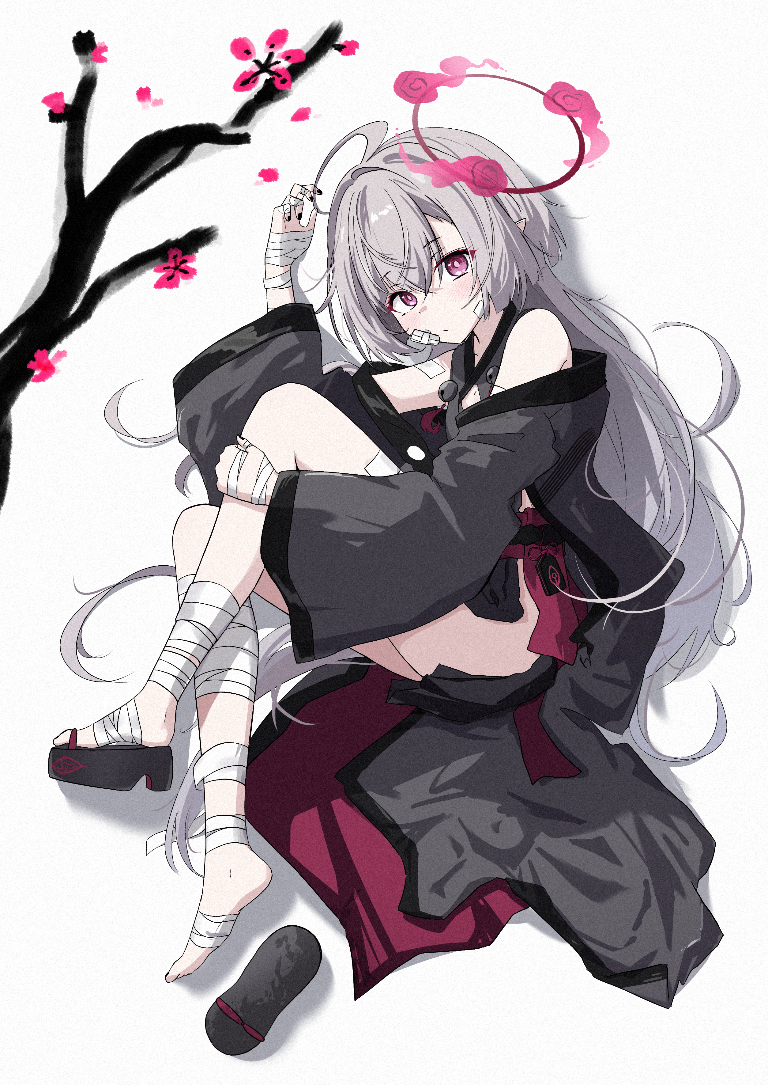 kiroshi, shuro (blue archive), blue archive, absurdres, commentary request, highres, korean commentary, 1girl, :/, ahoge, bandaged foot, bandaged hand, bandaged leg, bandages, bare shoulders, barefoot, bell, black kimono, black nails, blunt ends, blush, closed mouth, crossed bangs, film grain, flat chest, from above, frown, full body, gauze, gauze on cheek, grey hair, hair between eyes, hair intakes, halo, hugging own legs, japanese clothes, jingle bell, kimono, knees up, long hair, long sleeves, looking at viewer, lying, nail polish, on side, pink pupils, red eyes, red halo, sideless kimono, simple background, solo, very long hair, white background, wide sleeves