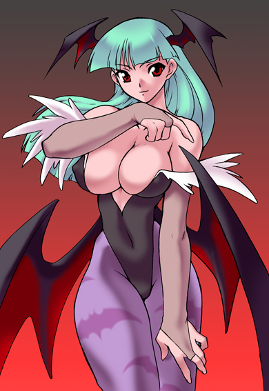 ruuen rouga, morrigan aensland, capcom, darkstalkers, 1girl, animal print, aqua hair, bare shoulders, bat print, bat wings, breasts, cleavage, demon girl, detached sleeves, elbow gloves, female focus, gloves, head wings, large breasts, leotard, long hair, pantyhose, pointing, print pantyhose, red eyes, solo, wings