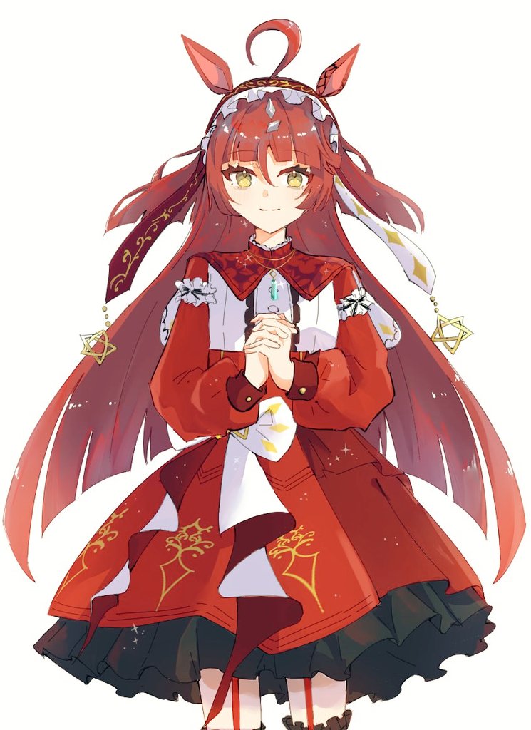 d6pvxvigzl45771, red desire (umamusume), umamusume, commentary request, 1girl, ahoge, animal ears, blunt bangs, blush, breasts, hair between eyes, hair ornament, horse ears, horse girl, horse tail, long hair, looking at viewer, own hands clasped, own hands together, red hair, simple background, smile, tail, white background, yellow eyes