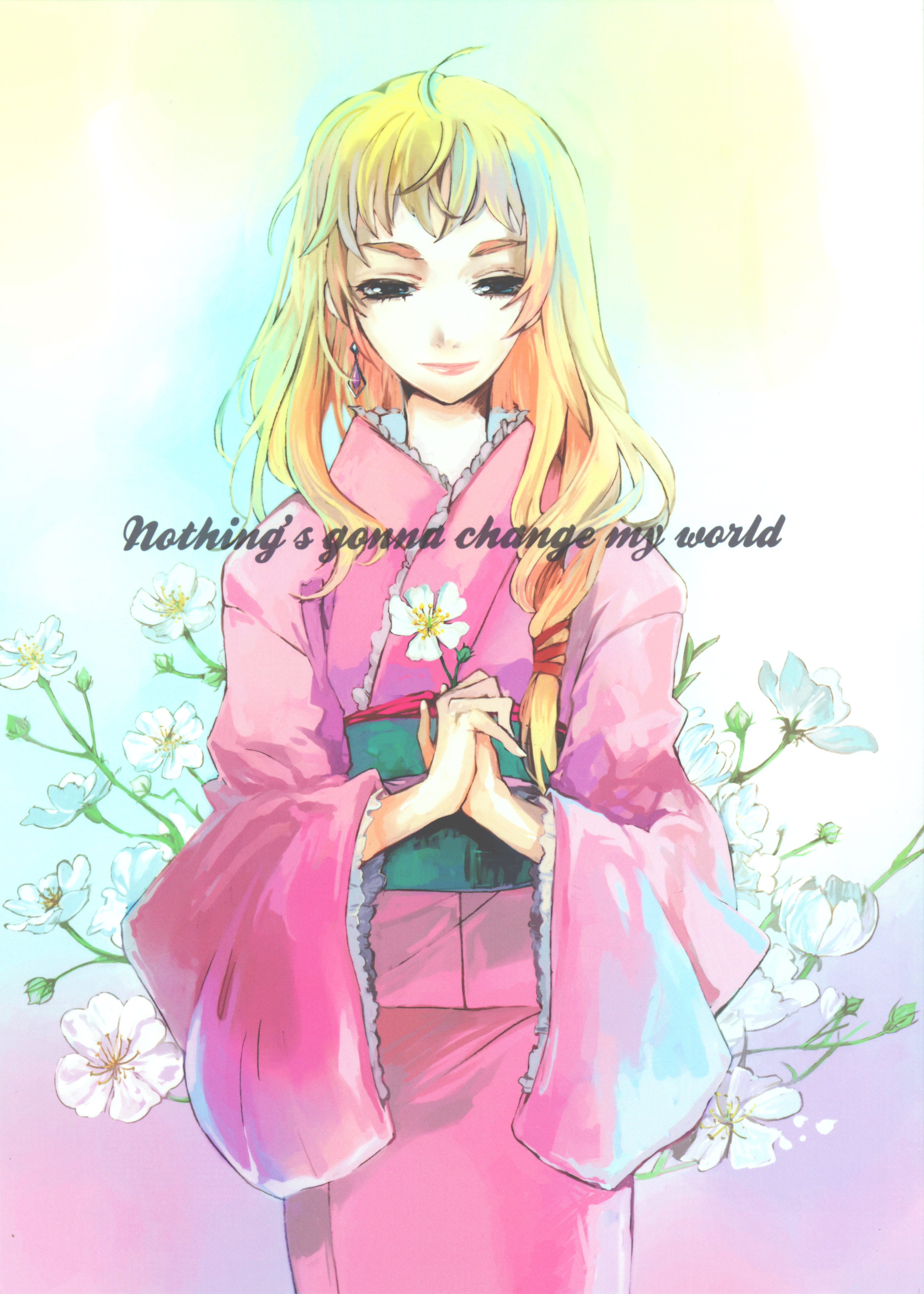 mooche, sheryl nome, macross, macross frontier, absurdres, highres, resolution mismatch, source smaller, 00s, blonde hair, earrings, flower, japanese clothes, jewelry, kimono, solo