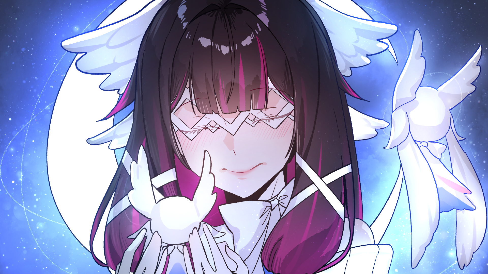 ilsae, columbina (genshin impact), genshin impact, highres, 1girl, black hair, blush, bow, close-up, closed mouth, feathered wings, gloves, hair ribbon, head wings, long hair, multicolored hair, purple hair, ribbon, solo, streaked hair, white bow, white gloves, white ribbon, white wings, wings