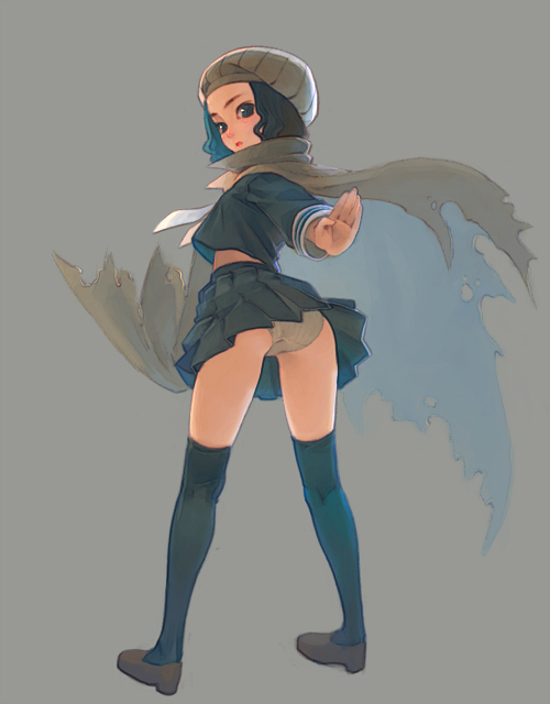 weno, original, 1girl, ass, black hair, cape, female focus, hat, kneepits, looking back, panties, pantyshot, school uniform, short hair, simple background, skirt, solo, thighhighs, underwear, upskirt, wind, wind lift
