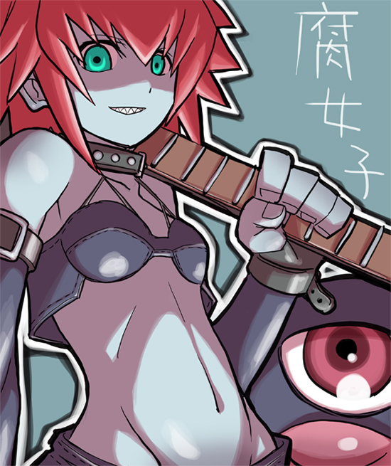 aka (s3637), lord raptor, capcom, darkstalkers, gender request, 1girl, bare shoulders, blue skin, buckle, collar, colored skin, elbow gloves, eyeball, female focus, fingerless gloves, flat chest, genderswap, gloves, green eyes, guitar, instrument, midnight bliss, midriff, navel, orange hair, red hair, sharp teeth, short hair, smile, solo, teeth