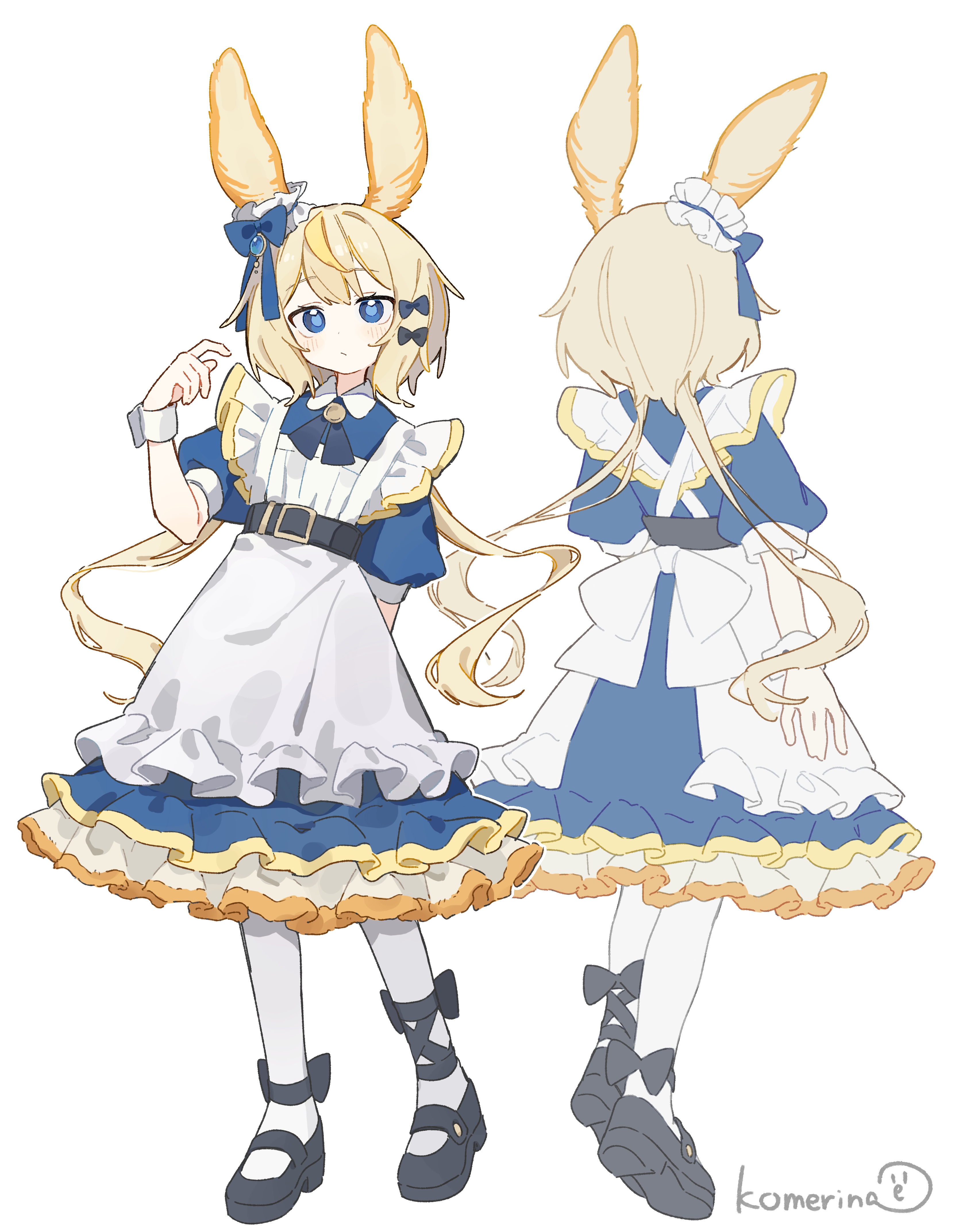 komerina, original, absurdres, commentary, highres, 1girl, :/, animal ears, apron, arm behind back, artist name, black bow, black shoes, blonde hair, blue bow, blue dress, blue eyes, bow, bright pupils, closed mouth, dot nose, dress, expressionless, footwear bow, frilled apron, frilled dress, frilled headwear, frills, from behind, full body, hair between eyes, hair bow, hand up, light blush, long hair, looking at viewer, low twintails, maid, maid apron, mary janes, multicolored hair, multiple hair bows, multiple views, pantyhose, personification, puffy short sleeves, puffy sleeves, sea slug, sea slug ears, sea slug girl, shoes, short sleeves, sidelocks, simple background, standing, streaked hair, twintails, waist apron, white apron, white background, white pantyhose, wrist cuffs