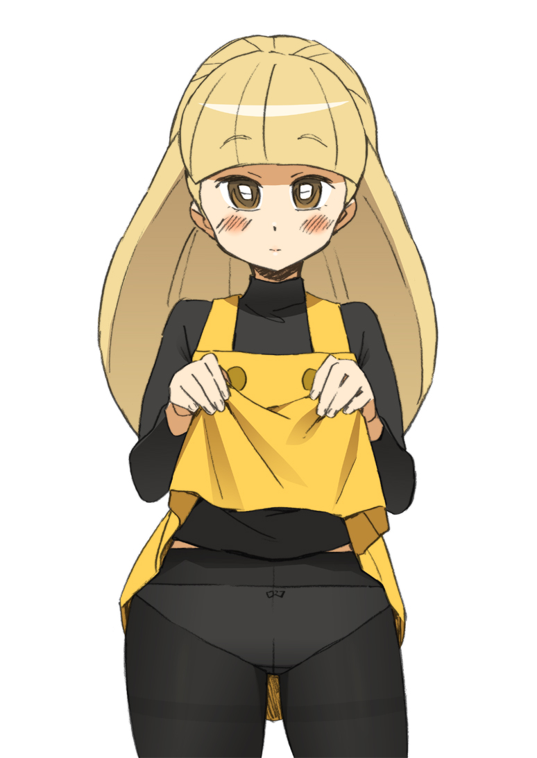 katou haruaki, meganeko (battle spirits), otonashi fumiko, battle spirits, battle spirits: shounen toppa bashin, eyebrows, light brown hair, 00s, 1girl, black pantyhose, blunt bangs, blush, bow, bow panties, buttons, clothes lift, crotch seam, dress, dress lift, embarrassed, female focus, flat chest, glasses, long hair, looking at viewer, naughty face, panties, panties under pantyhose, pantyhose, short dress, simple background, smile, solo, standing, thighband pantyhose, turtleneck, underwear, wide hips