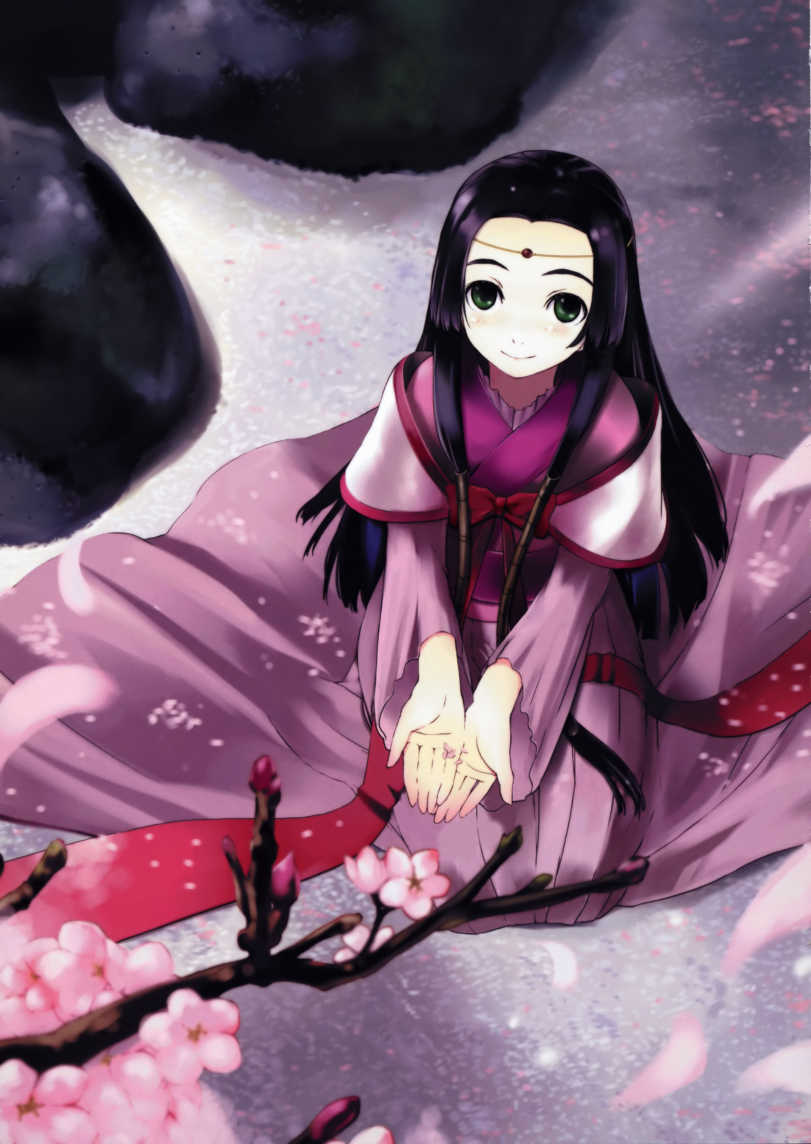 katase yuu, sumeragi kaguya, code geass, absurdres, highres, 00s, 1girl, bow, female focus, japanese clothes, petals, red bow, sitting, solo