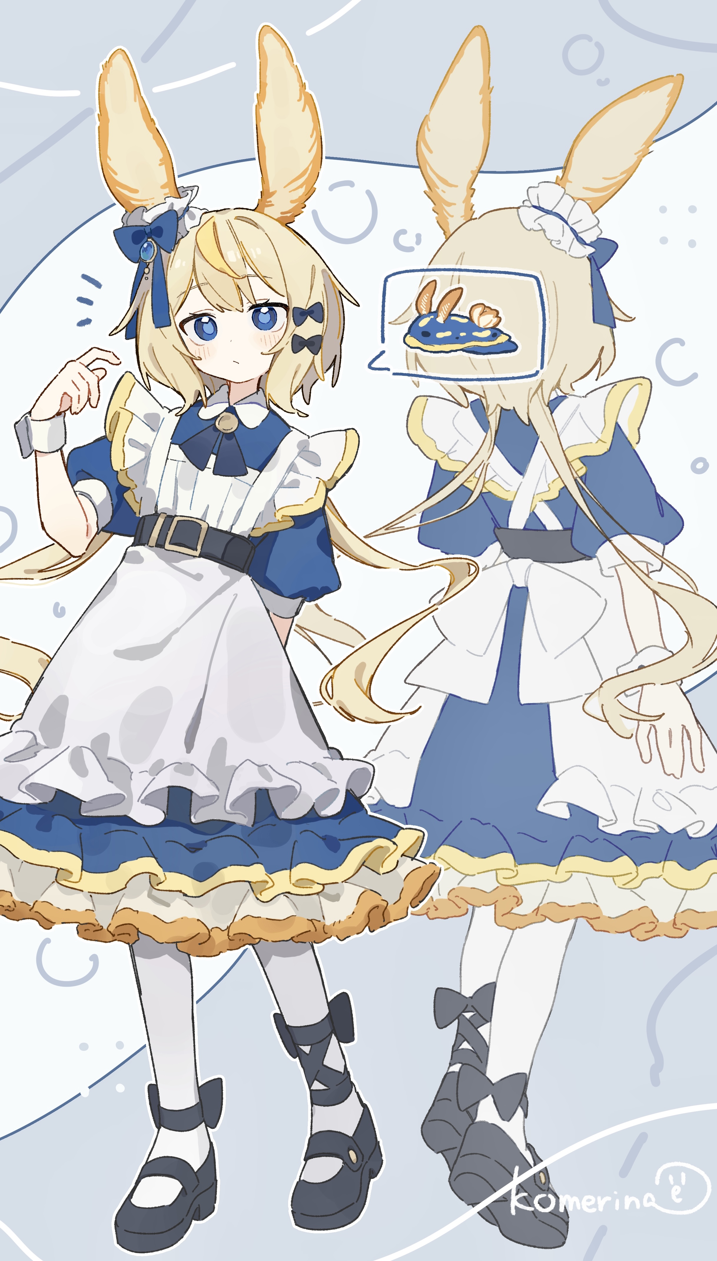 komerina, original, absurdres, commentary, highres, 1girl, :/, animal ears, apron, arm behind back, artist name, black bow, black shoes, blonde hair, blue background, blue bow, blue dress, blue eyes, bow, bright pupils, closed mouth, creature and personification, dot nose, dress, expressionless, footwear bow, frilled apron, frilled dress, frilled headwear, frills, from behind, full body, hair between eyes, hair bow, hand up, light blush, long hair, looking at viewer, low twintails, maid, maid apron, mary janes, multicolored hair, multiple hair bows, multiple views, pantyhose, personification, puffy short sleeves, puffy sleeves, sea slug, sea slug ears, sea slug girl, shoes, short sleeves, sidelocks, speech bubble, standing, streaked hair, twintails, waist apron, white apron, white pantyhose, wrist cuffs
