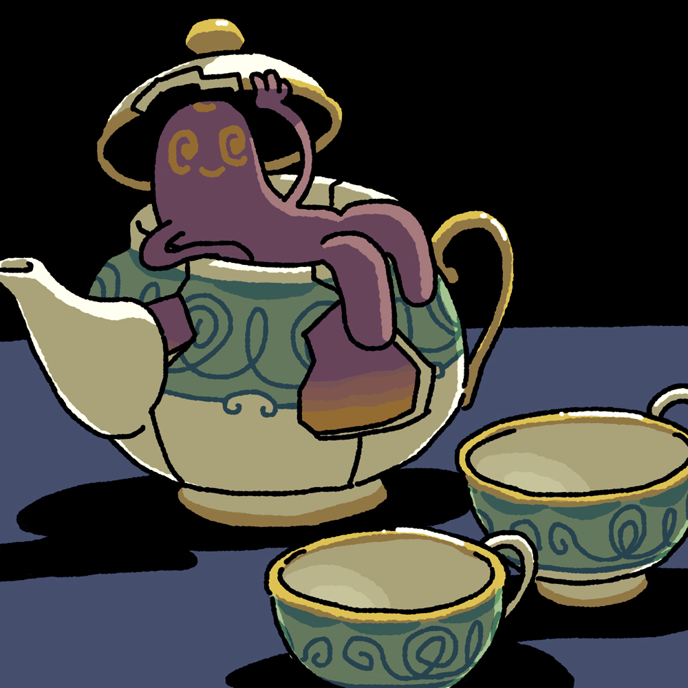 polteageist, nintendo, pokemon, @ @, crack, cup, gen 8 pokemon, lounging, no humans, pokemon (creature), pokemon focus, saboteri (savot), smile, spiral-only eyes, teacup, teapot