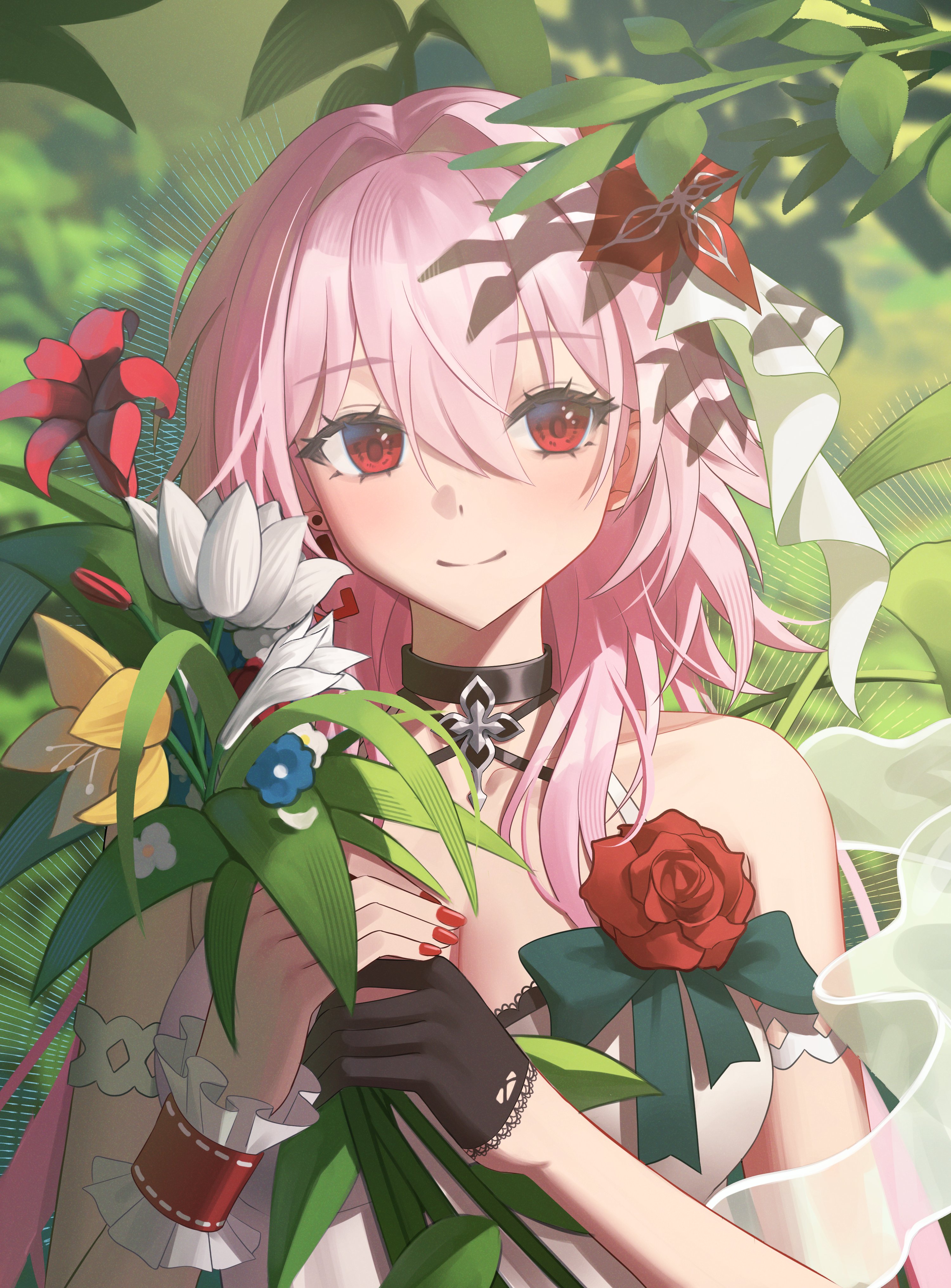 dalmo (pafe2444), evernight (honkai: star rail), march 7th (honkai: star rail), honkai: star rail, honkai (series), absurdres, hashtag-only commentary, highres, 1girl, alternate breast size (larger), alternate costume, bare shoulders, blue flower, bow, breasts, choker, cleavage, dress, earrings, flower, gloves, hair flower, hair ornament, jewelry, lace trim, large breasts, leaf, pink hair, red eyes, red flower, red nails, single earring, sleeveless, smile, spaghetti strap, white dress, white flower, yellow flower