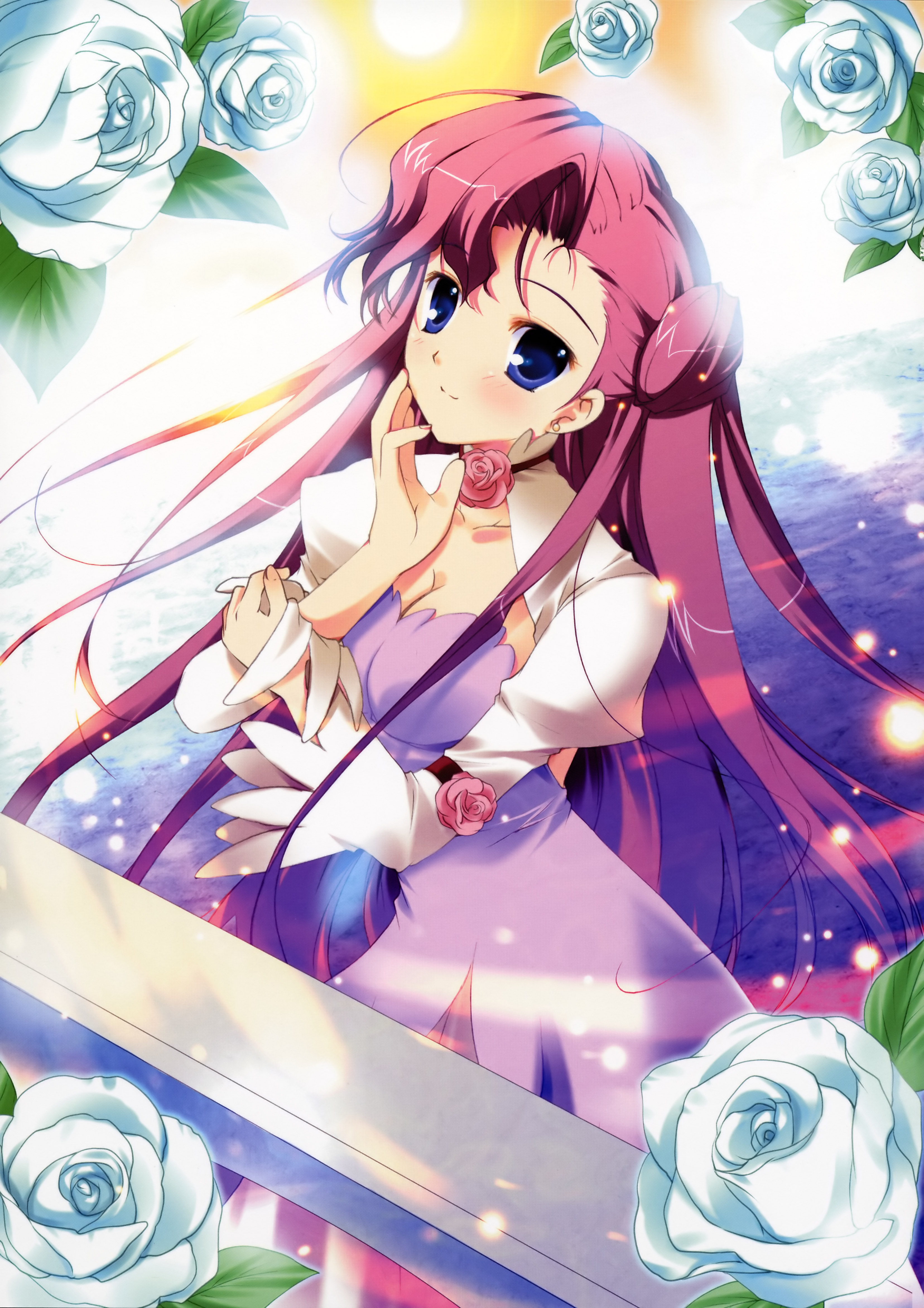 mikeou, euphemia li britannia, code geass, code geass heroine tribute, absurdres, highres, 00s, 1girl, breasts, cleavage, donut hair bun, female focus, flower, hair bun, pink hair, rose, solo