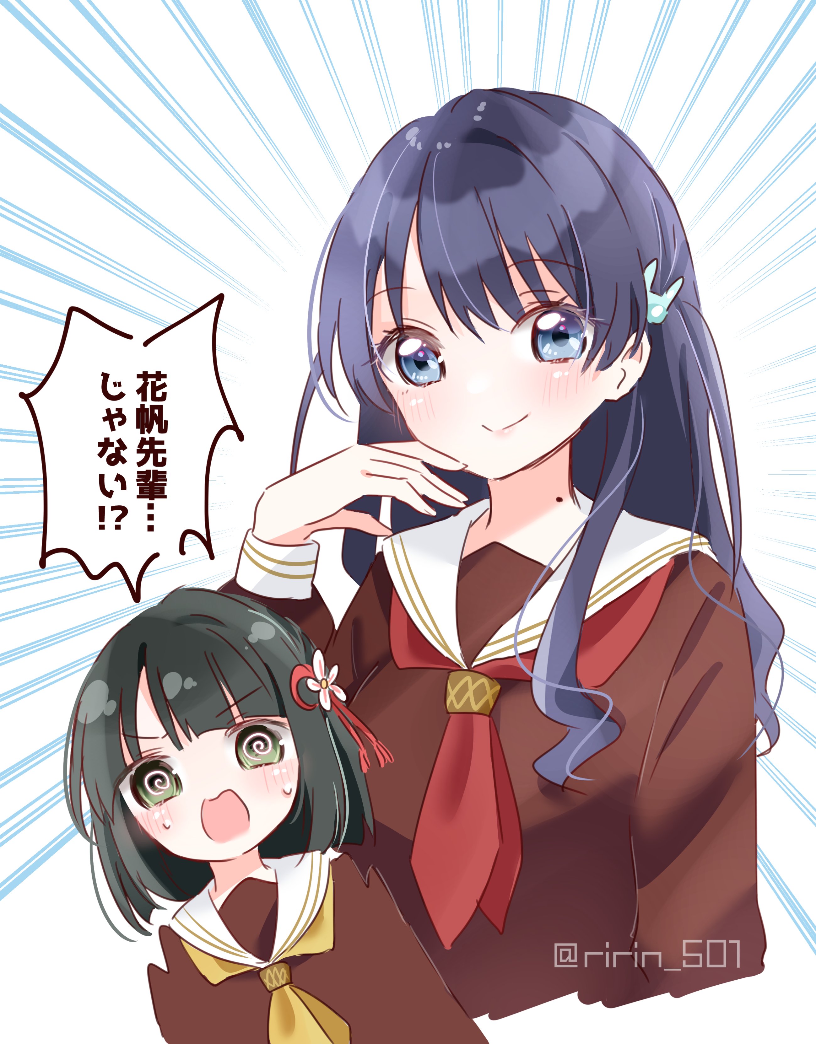 ririn (ririn 501), hinoshita kaho, momose ginko, murano sayaka, link! like! love live!, love live!, absurdres, commentary request, highres, 2girls, @ @, blush, borrowed hairstyle, brown dress, closed mouth, dress, emphasis lines, green eyes, hasu no sora school uniform, long sleeves, looking at viewer, multiple girls, neckerchief, nervous sweating, open mouth, red neckerchief, sailor collar, sailor dress, school uniform, smile, split mouth, sweat, twitter username, two side up, v-shaped eyebrows, virtual youtuber, white sailor collar, winter uniform, yellow neckerchief