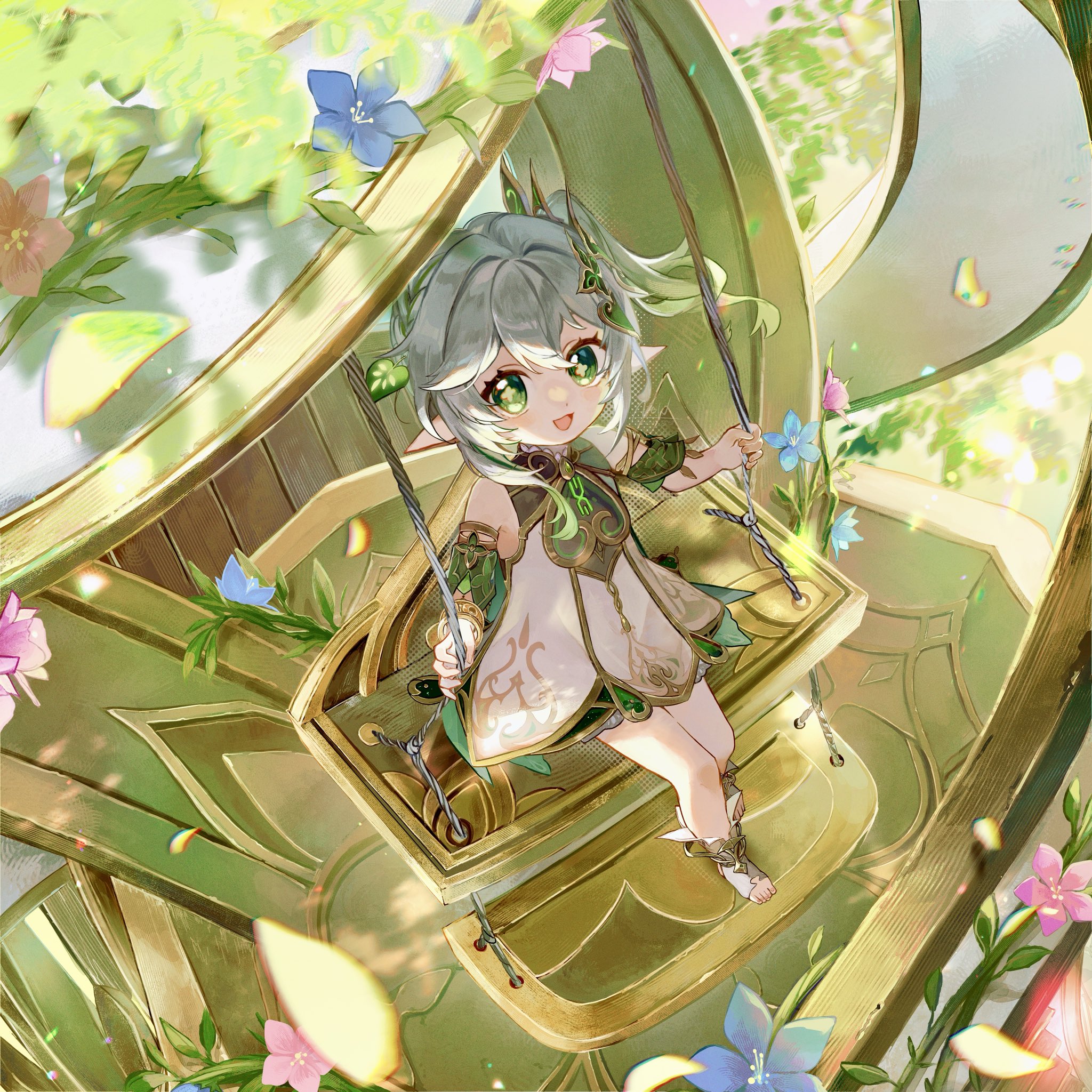 new (new gnsn), nahida (genshin impact), genshin impact, commentary, highres, 1girl, :d, bare shoulders, blue flower, cross-shaped pupils, detached sleeves, dress, flower, full body, gold trim, gradient hair, green eyes, green hair, green sleeves, hair between eyes, hair ornament, leaf hair ornament, long hair, looking at viewer, multicolored hair, open mouth, pink flower, pointy ears, side ponytail, sitting, sleeveless, sleeveless dress, smile, solo, stirrup legwear, symbol-shaped pupils, toeless legwear, toes, white dress, white hair