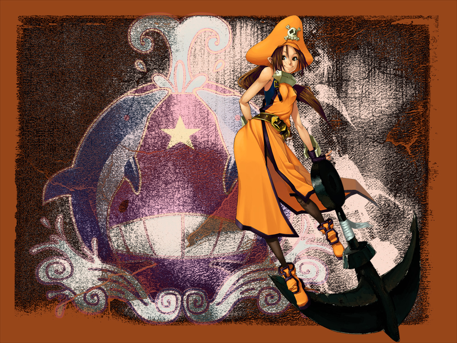 pocho (syuei), syuei, may (guilty gear), arc system works, guilty gear, 1girl, anchor, belt, boots, brown eyes, brown hair, buckle, female focus, fingerless gloves, gloves, hat, orange hat, orange shirt, pantyhose, pirate, pirate hat, shirt, skull and crossbones, smile, solo, star (symbol), whale