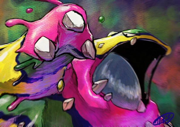 kaosu (kaosu0905), alolan muk, nintendo, pokemon, commentary request, alolan form, blob, claws, dripping, gen 7 pokemon, no humans, open mouth, pokemon (creature), signature, solo