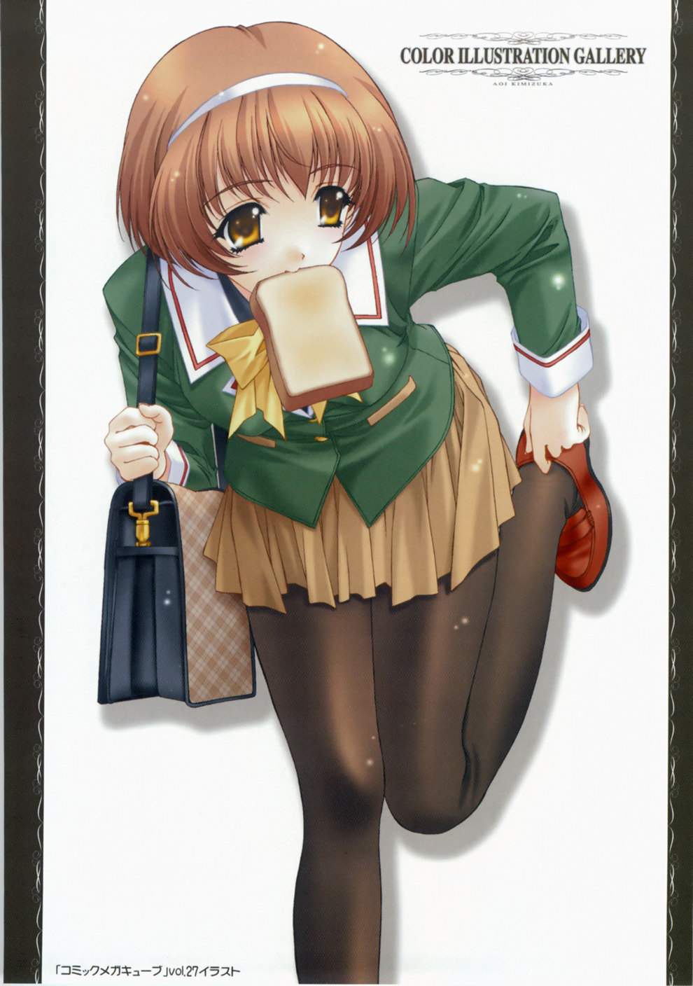 kimizuka aoi, plaid, highres, scan, scan artifacts, bag, bread slice, brown eyes, brown hair, food, food in mouth, hairband, leaning, leaning forward, mouth hold, pantyhose, putting on footwear, school bag, school uniform, short hair, skirt, sparkle, standing, standing on one leg, toast, toast in mouth