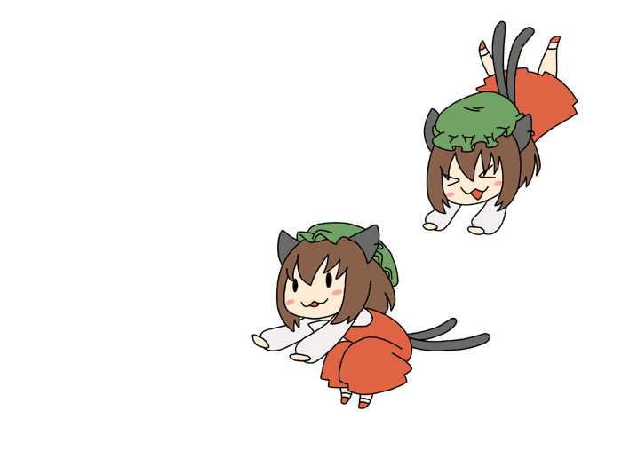 hanashika, chen, touhou, > <, 1girl, animal ears, blush stickers, cat ears, cat girl, cat tail, chibi, closed eyes, dress, earrings, female focus, hat, jewelry, multiple tails, multiple views, simple background, tail, white background