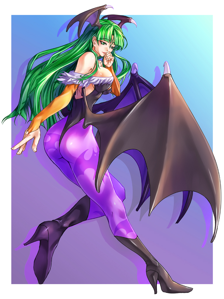 con-tex, morrigan aensland, capcom, darkstalkers, 1girl, animal print, ass, bare shoulders, bat print, boots, breasts, demon girl, demon wings, detached sleeves, elbow gloves, female focus, gloves, green eyes, green hair, head wings, high heels, large breasts, leotard, long hair, matching hair/eyes, pantyhose, patterned legwear, print pantyhose, shadow, shoes, sideboob, solo, wings