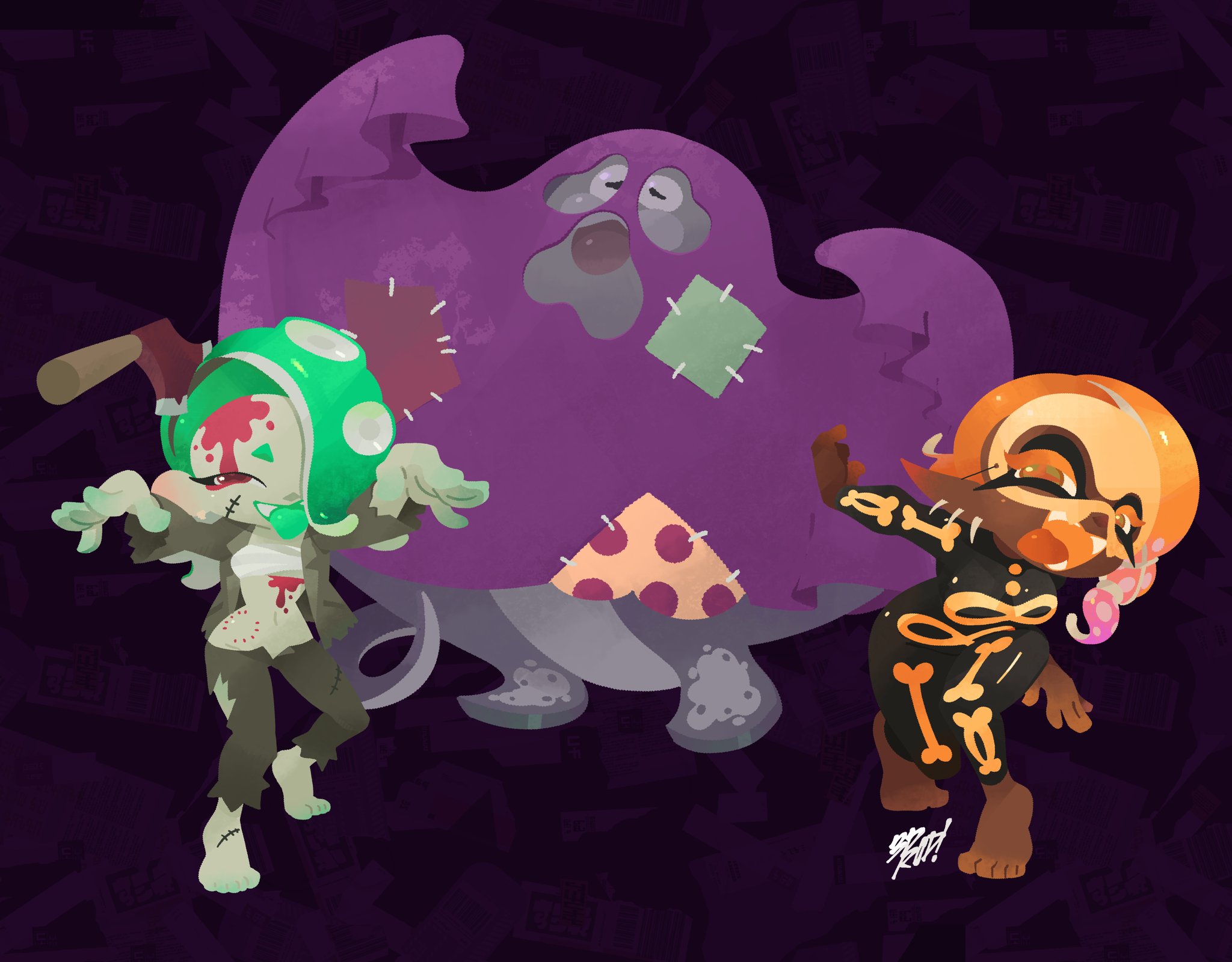3drod!, big man (splatoon), frye (splatoon), shiver (splatoon), nintendo, splatoon (series), splatoon 3, highres, 1boy, 2girls, axe, barefoot, bite mark, black background, blood, bodysuit, chest sarashi, dark-skinned female, dark skin, ear piercing, facing viewer, fangs, ghost costume, green hair, hair over one eye, hairband, halloween costume, hands up, inkling, looking at viewer, manta ray, multiple girls, octoling, orange hair, outstretched arms, pantyhose, patchwork clothes, piercing, pointy ears, sarashi, skeleton costume, smile, tentacle hair, tongue, tongue out, torn clothes, torn pantyhose, zombie, zombie pose