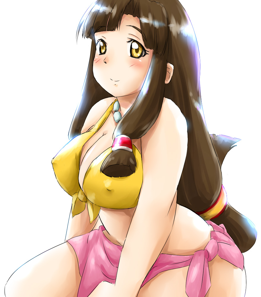 saaya (suisei no gargantia), suisei no gargantia, artist request, source request, 1girl, artist name, bikini, blush, breasts, brown hair, cleavage, covered erect nipples, front-tie bikini top, front-tie top, jewelry, large breasts, legs, long hair, looking at viewer, navel, necklace, sarong, sitting, smile, solo, swimsuit, thighs, yellow bikini, yellow eyes