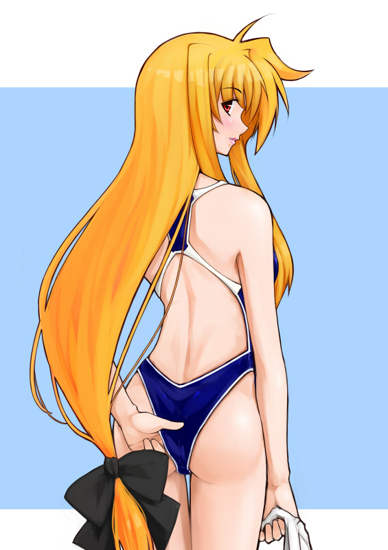 xunipo, fate testarossa, lyrical nanoha, mahou shoujo lyrical nanoha, mahou shoujo lyrical nanoha strikers, 00s, 1girl, adjusting clothes, adjusting swimsuit, ass, blonde hair, competition swimsuit, female focus, long hair, looking back, low-tied long hair, one-piece swimsuit, red eyes, solo, swimsuit