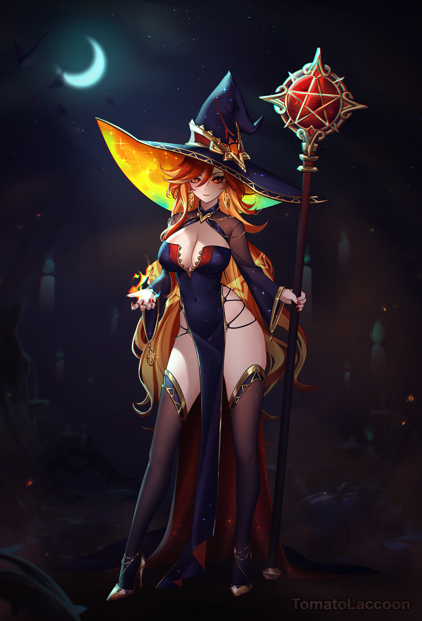 tomatolaccoon, mavuika (genshin impact), genshin impact, commentary, duplicate, highres, symbol-only commentary, 1girl, alternate costume, black dress, black hat, black thighhighs, breasts, cleavage, crescent moon, dress, full body, hat, high heels, holding, holding staff, large breasts, long dress, long hair, long sleeves, looking at another, moon, nail polish, orange eyes, orange hair, pelvic curtain, red hair, red nails, smile, solo, staff, standing, star (symbol), thighhighs, very long hair, witch hat