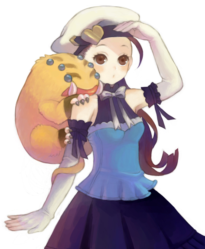fuku imo, bonaparte (suikoden), millie (suikoden), gensou suikoden, bad id, bad pixiv id, 1girl, blush, brown eyes, brown hair, gloves, hat