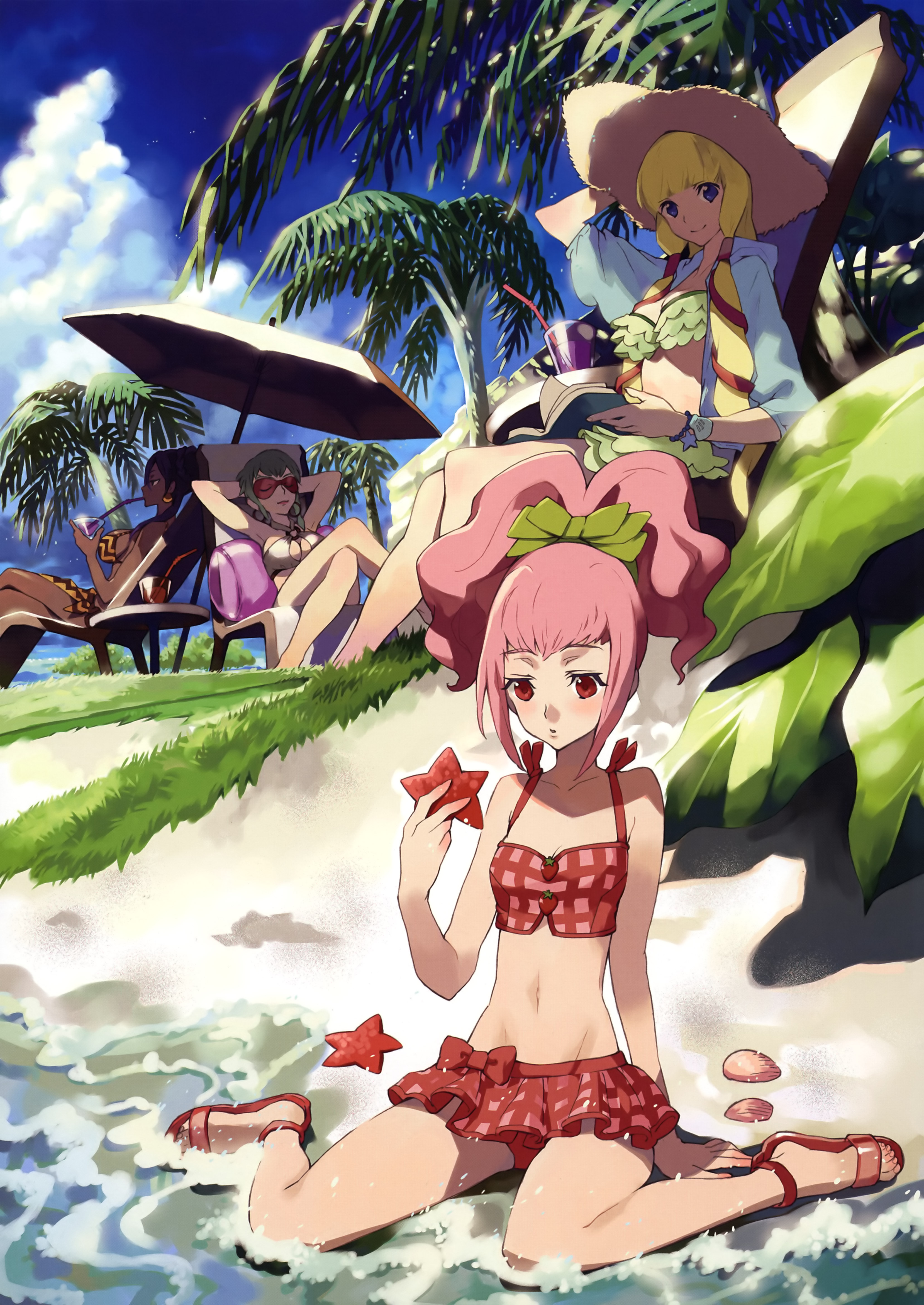 kishiwada robin, anya alstreim, dorothea ernst, monica kruszewski, nonette enneagram, code geass, code geass: lost colors, absurdres, highres, 00s, 4girls, bikini, crossed legs, dark-skinned female, dark skin, day, drink, hat, knights of the round, midriff, multiple girls, sitting, starfish, sunglasses, swimsuit, wariza