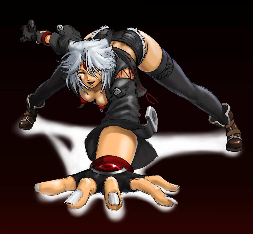 saitou kazue, saya (namco x capcom), banpresto, capcom, namco, namco x capcom, super robot wars, super robot wars og saga mugen no frontier, 1girl, breasts, cleavage, female focus, fingerless gloves, forehead jewel, foreshortening, gloves, gun, short hair, solo, thighhighs, weapon, white hair, yellow eyes