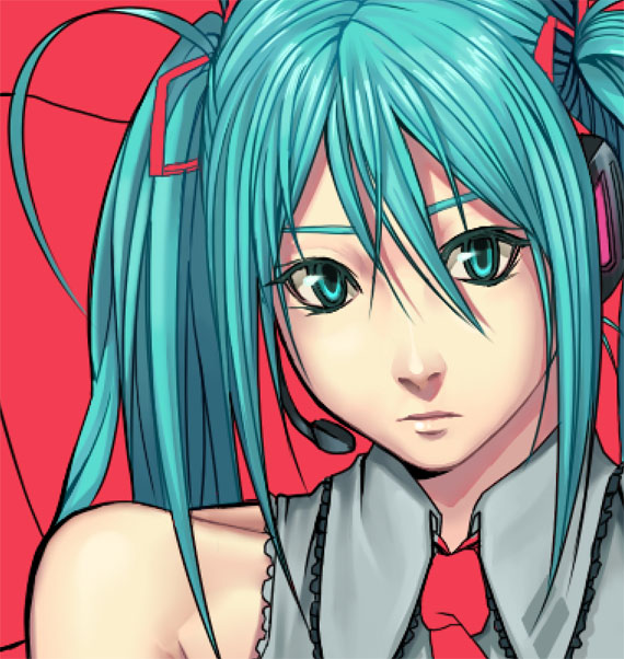 pocho (syuei), syuei, hatsune miku, vocaloid, 1girl, aqua eyes, aqua hair, bare shoulders, female focus, hair ribbon, headset, long hair, necktie, ribbon, simple background, solo, twintails