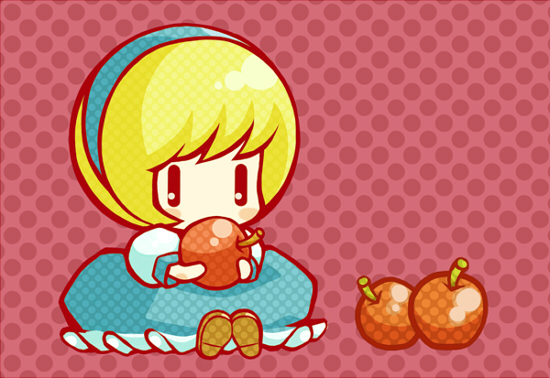 chitose kiiro, original, bad id, bad pixiv id, apple, blonde hair, chibi, food, fruit, solo