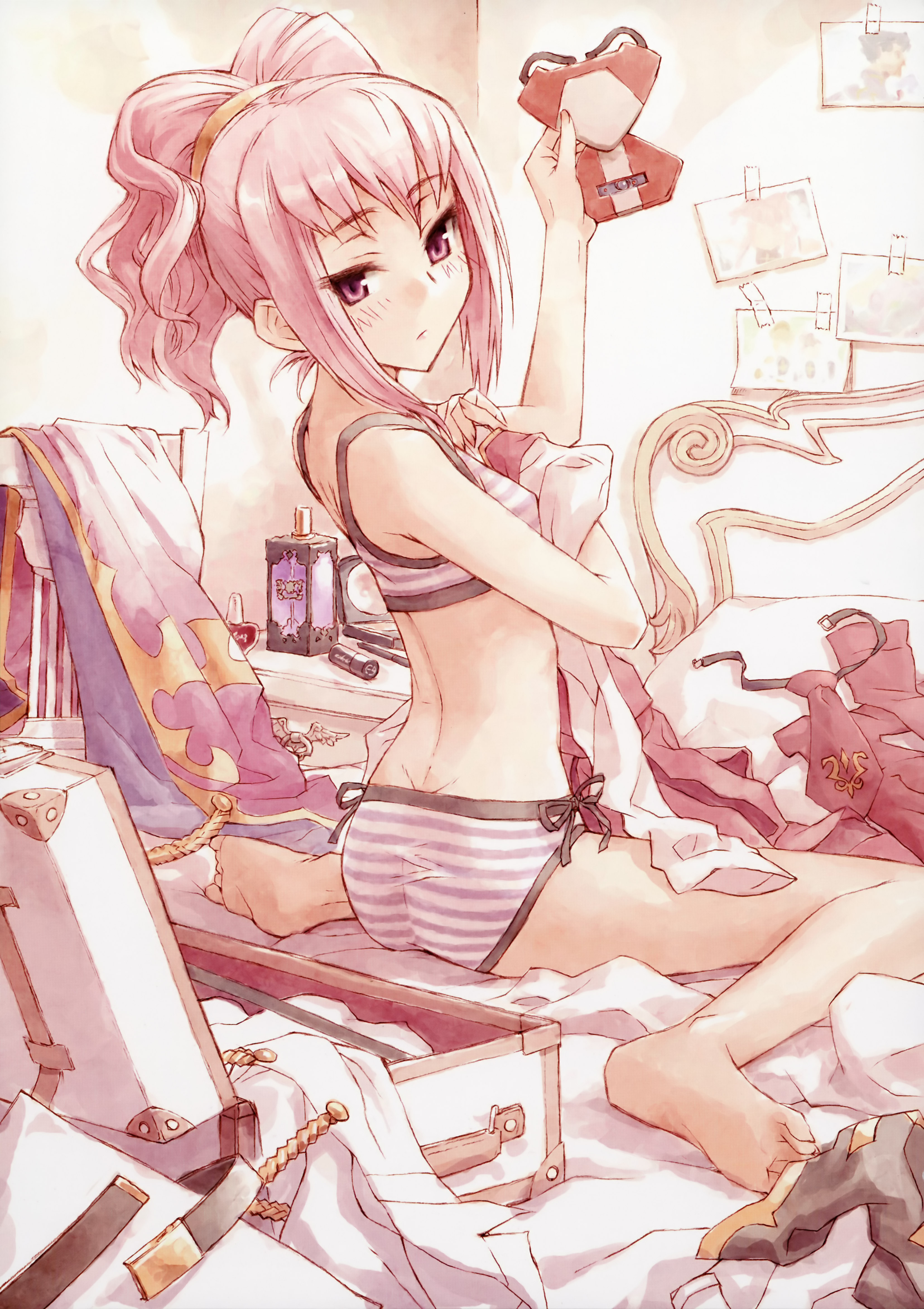 konoe otosugu, konoe ototsugu, anya alstreim, code geass, absurdres, highres, 00s, 1girl, ass, barefoot, bra, butt crack, feet, female focus, flat chest, holding, lingerie, looking back, panties, pink bra, pink eyes, pink hair, pink panties, pink theme, sitting, solo, striped bra, striped clothes, striped panties, suitcase, underwear, underwear only, wariza