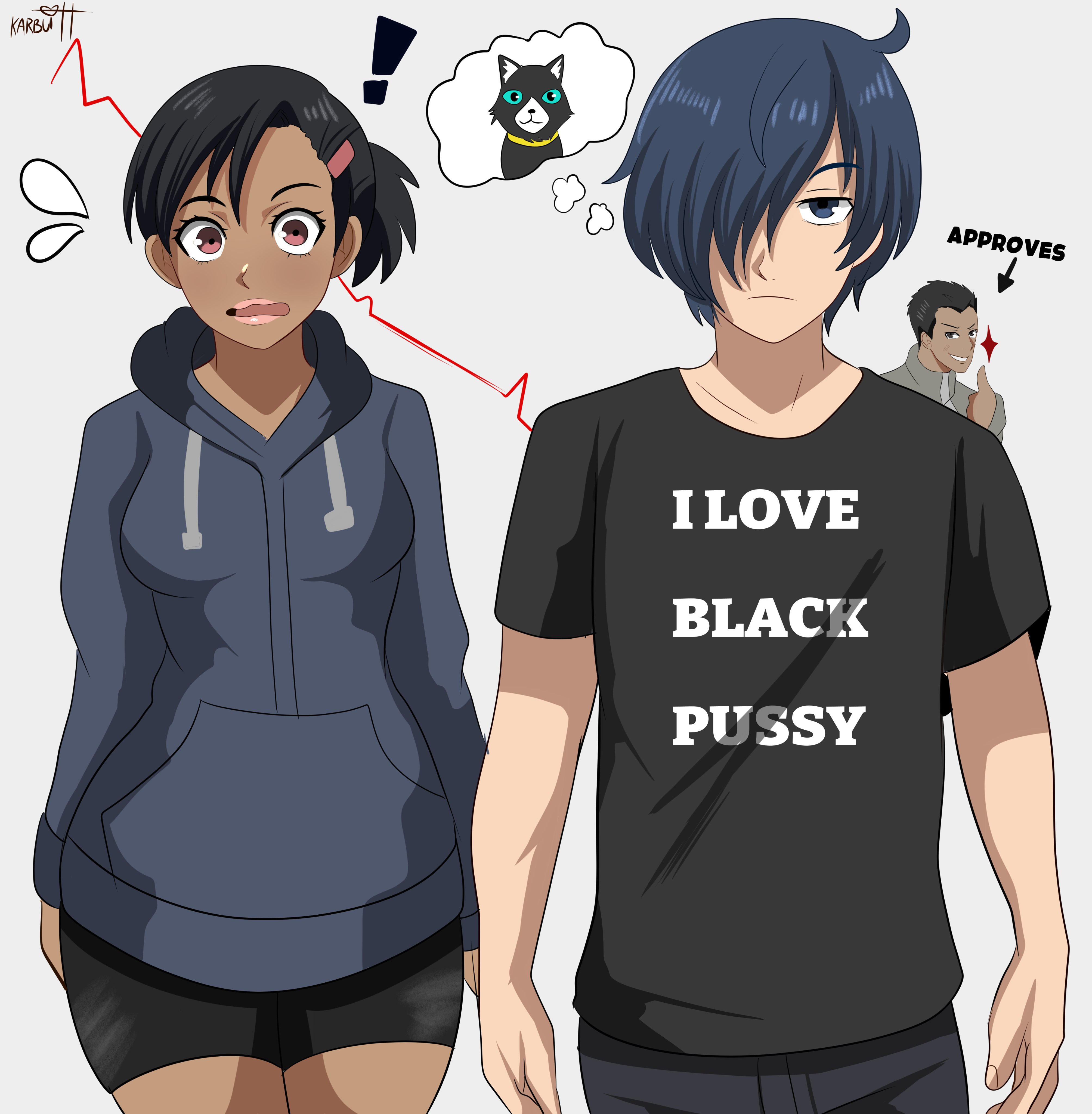 karbuitt, miyamoto kazushi, morgana (cat) (persona 5), morgana (persona 5), nishiwaki yuuko, yuuki makoto (persona 3), persona, persona 3, persona 5, absurdres, highres, 1girl, 2boys, blank stare, cat, dark-skinned female, dark skin, embarrassed, imagining, multiple boys, print shirt, shirt, surprised, sweatdrop, sweater, t-shirt, thumbs up