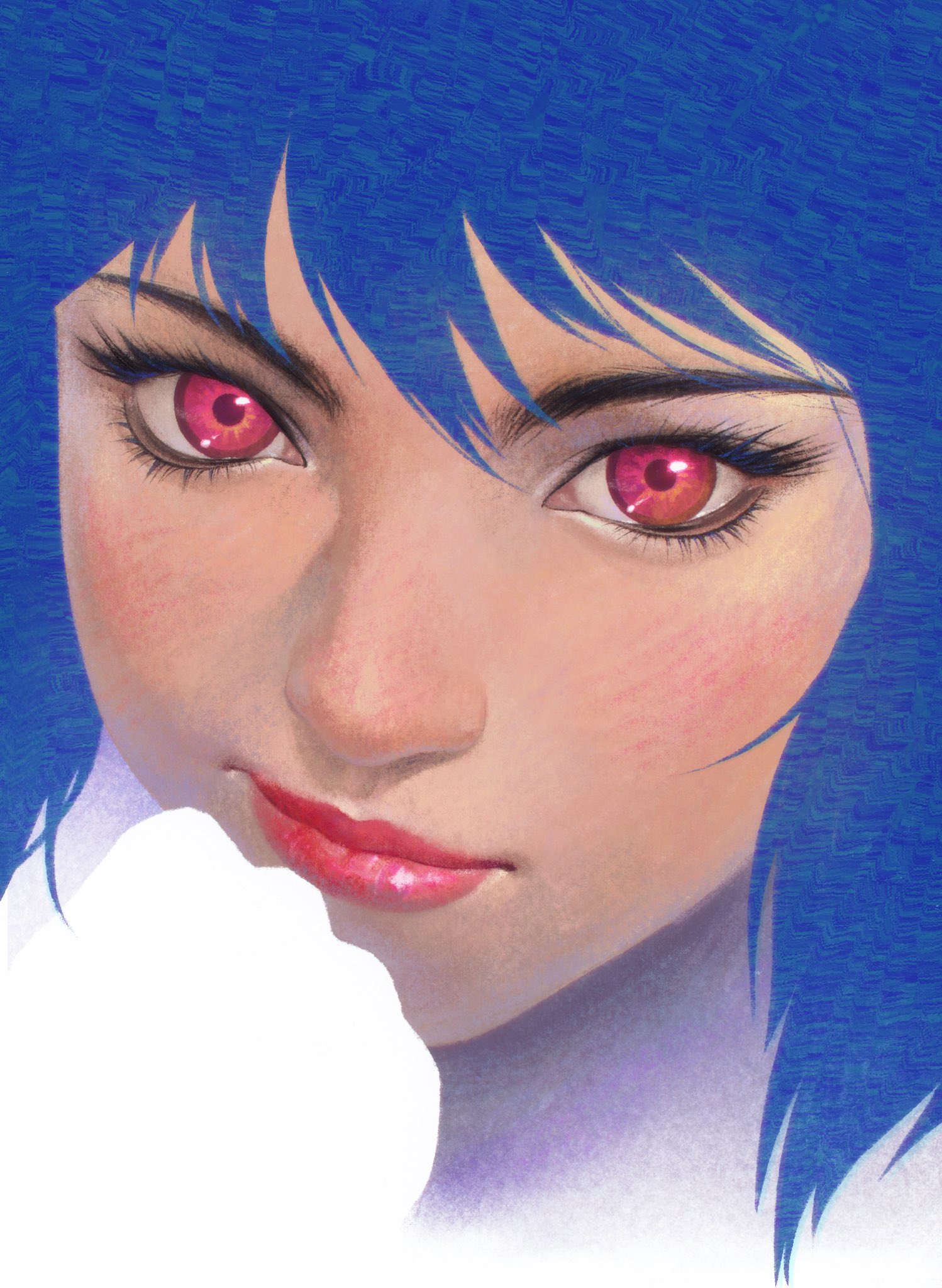 aizheajsee, kusanagi motoko, ghost in the shell, highres, 1girl, blue hair, head only, looking at viewer, medium hair, portrait, realistic, red eyes, solo, straight-on