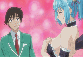 aono tsukune, kurono kurumu, rosario+vampire, animated, animated gif, lowres, 00s, 1boy, 1girl, blood, blue hair, bouncing breasts, breasts, flashing, large breasts, maid, nipples, nosebleed, short hair, undressing, wings