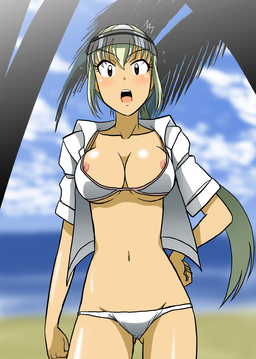 takaya n, tsubomi fujiko, zettai karen children, visor, highres, 00s, 1girl, bikini, breasts, cleavage, day, female focus, large breasts, nipple slip, nipples, ocean, panties, solo, swimsuit, undersized clothes, underwear, visor cap, white bikini, white hair