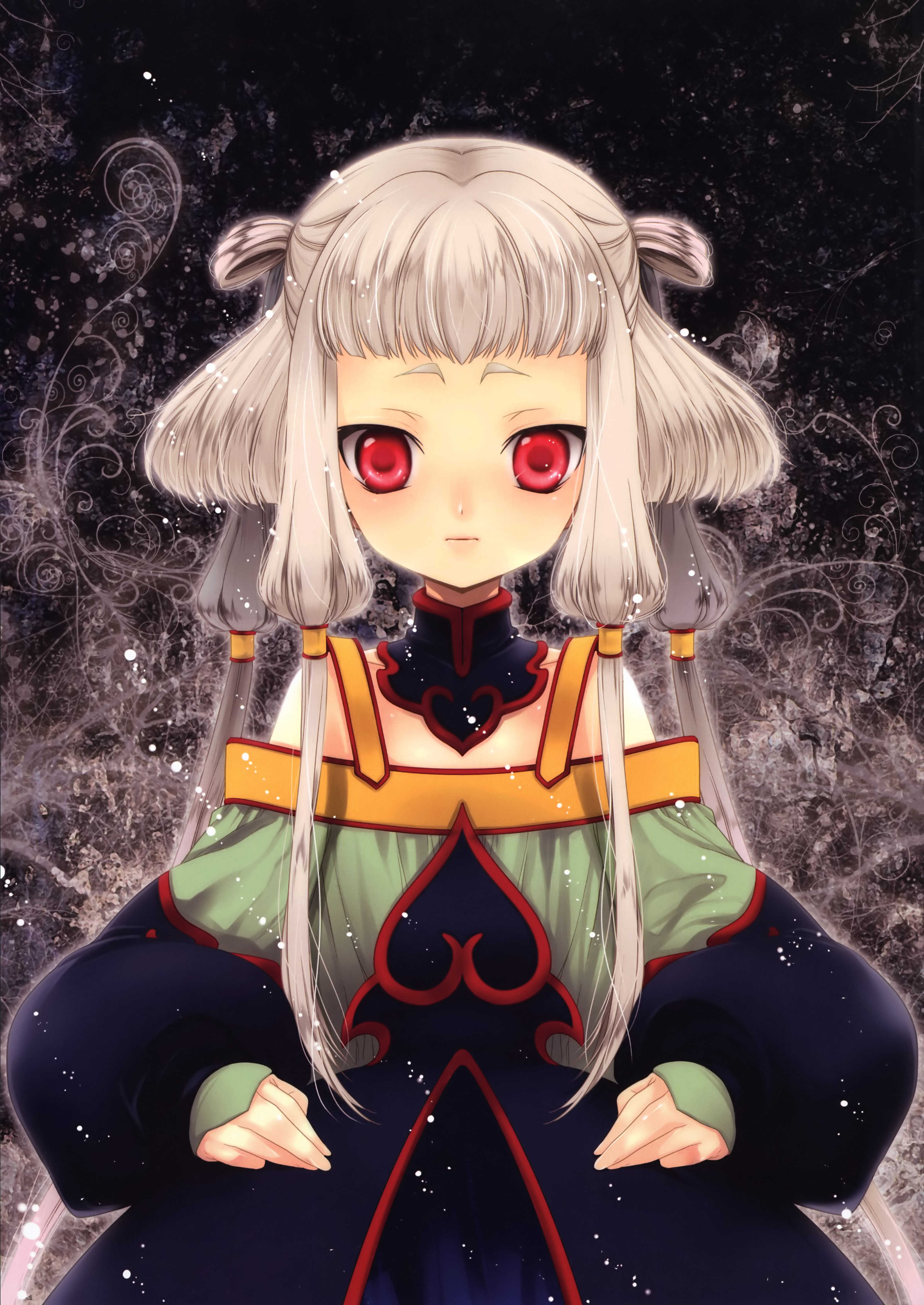 kirino kasumu, tianzi, code geass, silver hair, absurdres, highres, 00s, 1girl, albino, bare shoulders, blush, cropped legs, detached collar, dress, female focus, long hair, long sleeves, looking at viewer, red eyes, solo