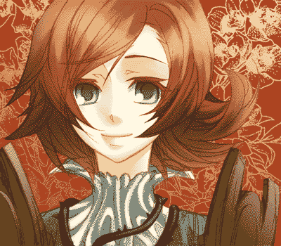 kokutou, kokutou eiri, frimelda lotice, final fantasy, final fantasy tactics a2, final fantasy tactics advance, lowres, 1girl, armor, brown hair, female focus, flower, green eyes, pauldrons, short hair, shoulder armor, solo